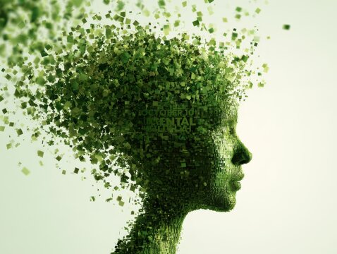 Creative digital illustration of human head with green pixelated brain concept art