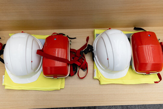 Safety Helmets and High Visibility Vests Ready for Workers