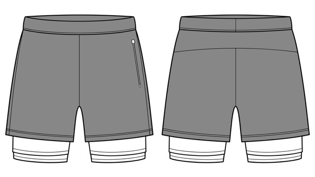 men's asymmetric double layer shorts technical drawing vector illustration
