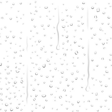 Realistic transparent water drops, droplets overlay on wet clear window glass surface with sprinkled dew water-drop rolling down rain drop texture effect