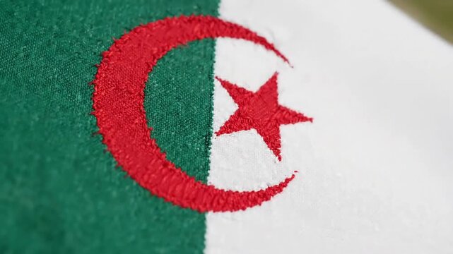 Algeria flag waving with embroidered crescent and star detail
