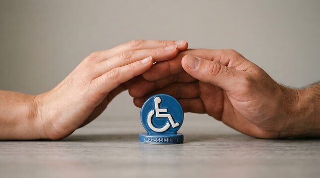 Two pairs of hands cradling a wheelchair accessibility symbol representing mutual support