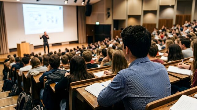 Rear view of a male university student taking notes while listening to a professor giving a presentation in a large crowded lecture hall auditorium during a college seminar academic class.