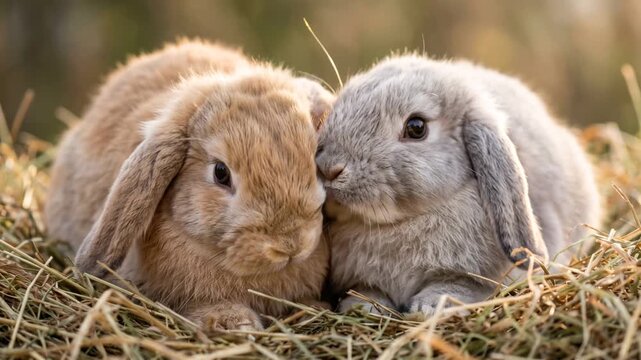 two mini lop rabbits close up at morning light in england video