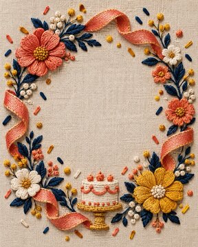 Beautifully crafted embroidered sampler with floral design and cake motif for celebrations and anniversaries