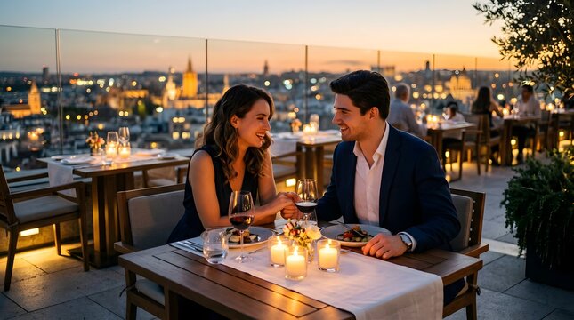 Couple enjoying a romantic dinner date on a rooftop terrace at sunset
