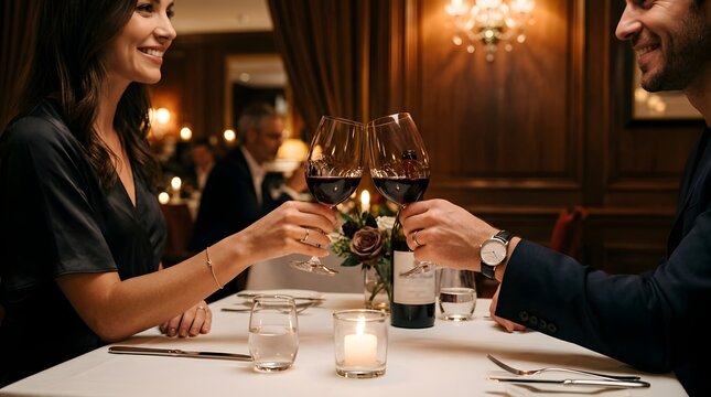 Couple clinking glasses of red wine during romantic dinner in restaurant
