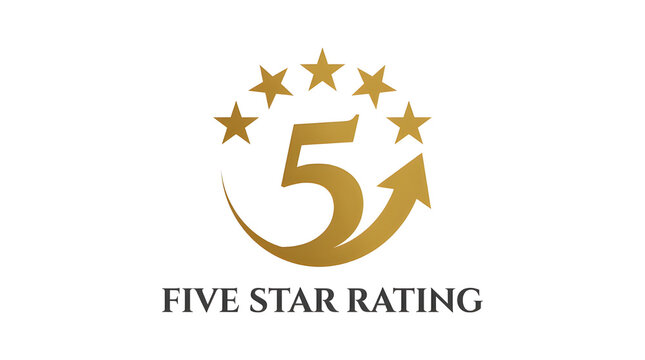 Five star rating golden logo icon design with rising arrow symbol on a clean white background
