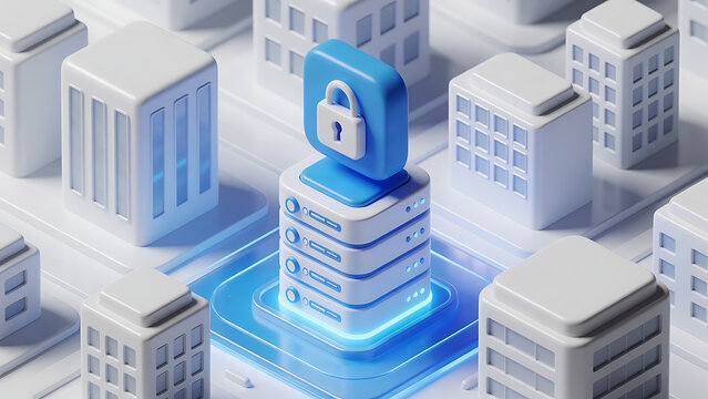3D isometric illustration of a secure server stack with a padlock icon in a stylized city