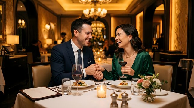 Elegant couple enjoying a romantic dinner date in a luxury restaurant