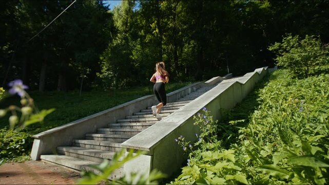 Young woman climbing concrete stairs in sunlit park woodland side back view with wildflowers nearby.