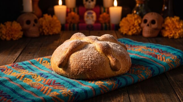 Pan de muerto on colorful Mexican textile with candlelit altar
