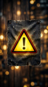 Warning sign on worn metal surface with caution symbol glowing