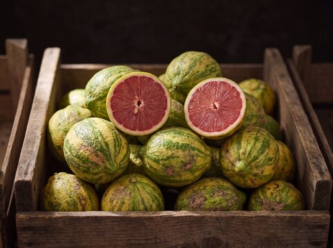 Stack of striped pink lemons with two halves cut open showing rose coloured flesh