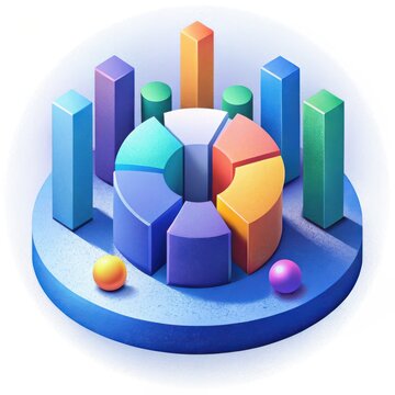 3d data visualization timeline with pie and bar chart elements