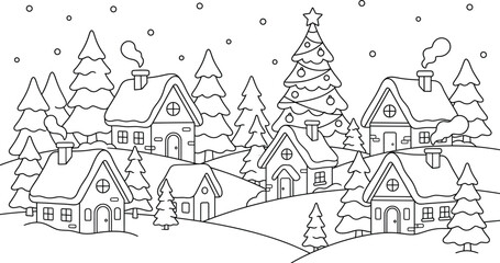 Fototapeta premium Winter-Village Christmas Tree Coloring Page