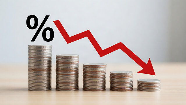 Decreasing coin stacks with red downward arrow and percent sign on wooden table