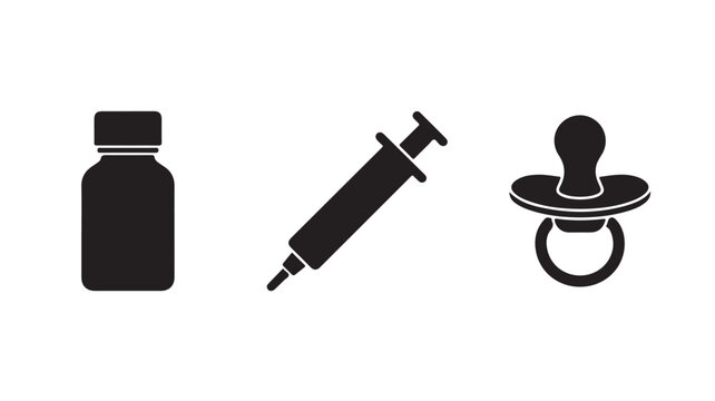 Vaccine bottle syringe and pacifier icon set vector illustration