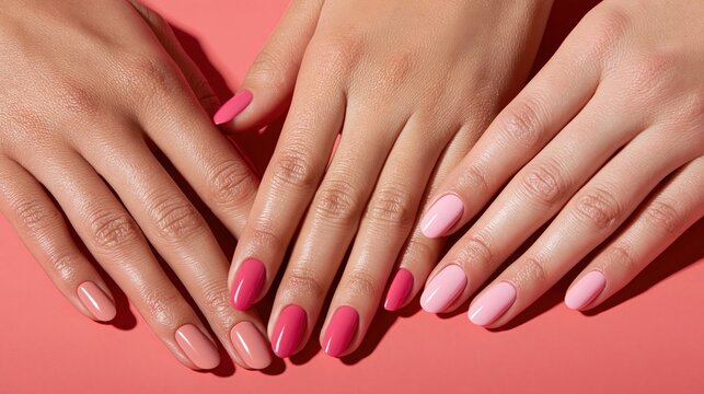 Close up of woman hands with different shades of pink nail polish