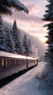 Passenger train waiting on a modern station platform, illuminated by sparkling golden christmas lights creating a festive and cozy atmosphere for winter journeys and holiday travel