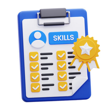 3D Illustration of a Blue Clipboard with Checklist and a Gold Award Ribbon Symbolizing Skills and Achievement in a Professional Context