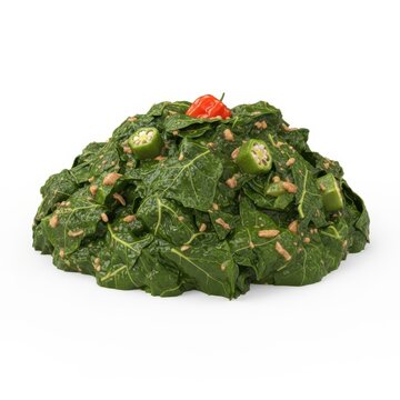Delicious creamed spinach served with a vibrant garnish isolated on white background