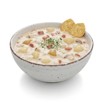 Creamy chicken soup with tortilla chips appetizer isolated on white background