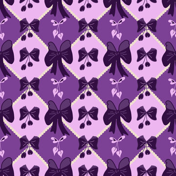 Coquette bow and cherry seamless pattern in purple and lilac