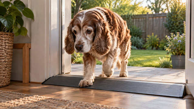 Low View of Old Dog Crossing Threshold Ramp