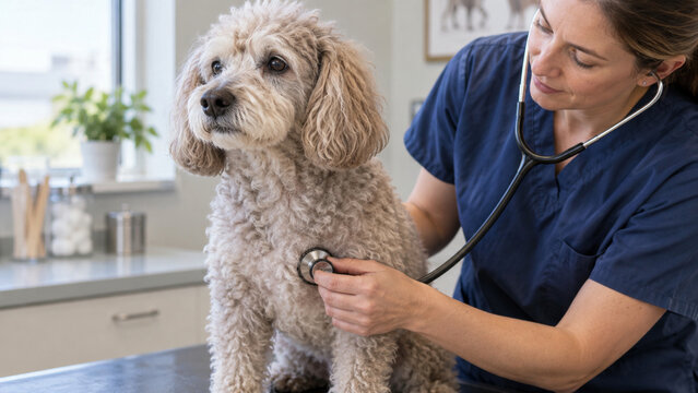 Close View of Vet Listening to Old Dog Heart