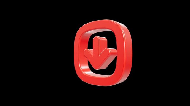 Shiny 3D red arrow download symbol inside rounded square frame