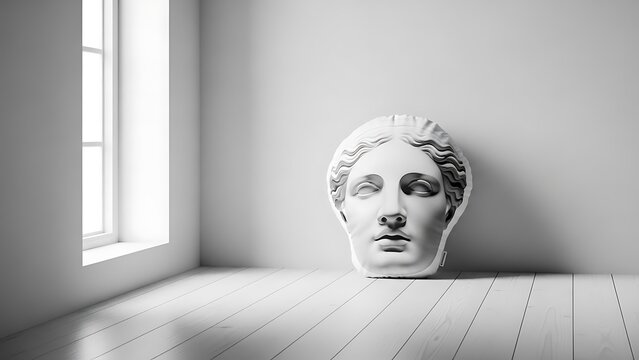 Monochrome depiction of classical female bust against a minimalist white interior backdrop
