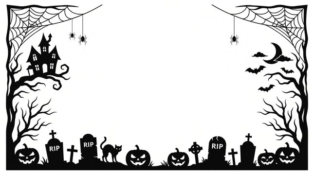Halloween border frame with spooky silhouettes of pumpkins and a graveyard