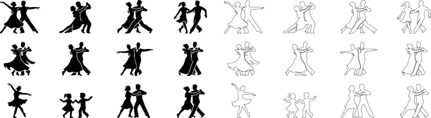 Obraz premium Ballroom dancing silhouettes set, professional dancers performing tango and salsa, 24 vector icons of couples in elegant poses for competition posters