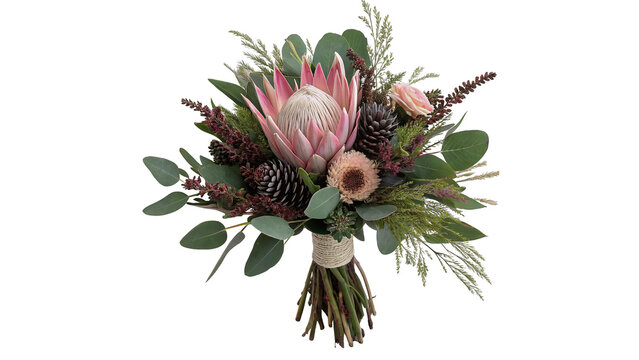 Exotic bridal wedding bouquet with fresh king protea flower and decorative green eucalyptus