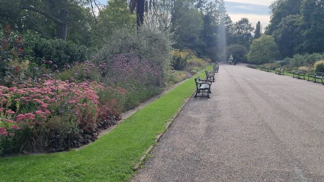 Formal flower beds along a garden path with distant fountain