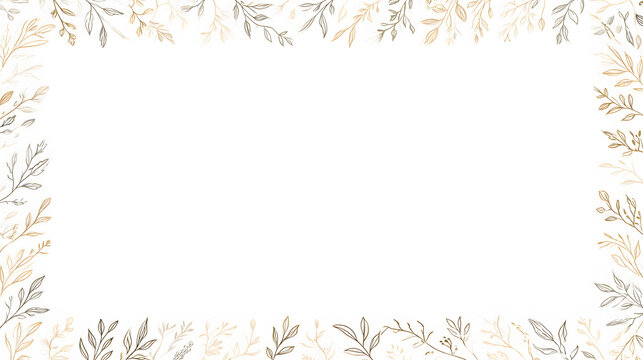 Minimalist botanical border frame, delicate thin-line leaves and small branches arranged elegantly around the edges, soft neutral tones, large clean white center.