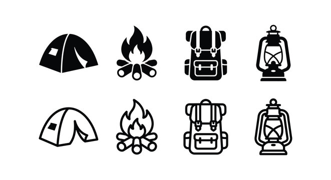 Camping icons set featuring tent campfire backpack and lantern silhouettes
