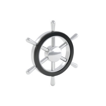 Metallic 3D Steering Wheel Icon for Ship Helm Navigation Design, isolated on transparent background.
