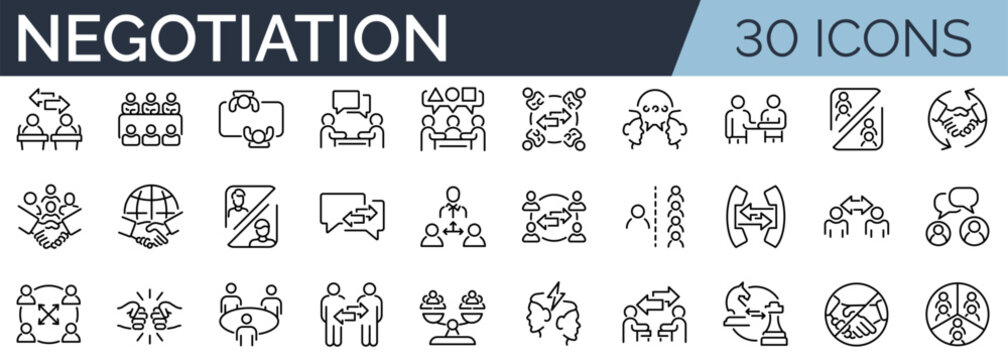 Set of 30 outline icons related to negotiations. Linear icon collection. Editable stroke. Vector illustration