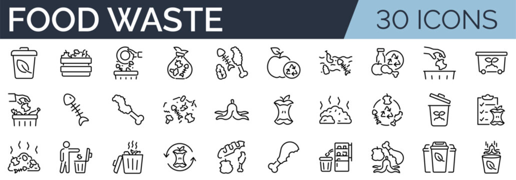 Set of 30 outline icons related to food waste. Linear icon collection. Editable stroke. Vector illustration