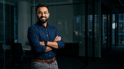 Fototapeta premium Confident Indian man with crossed arms smiling in a modern office at night, showcasing leadership and business success