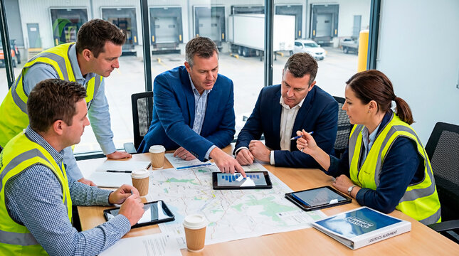 A diverse group of professionals collaborating around a table with a tablet and blueprints, discussing a project in a modern office setting for business and teamwork.