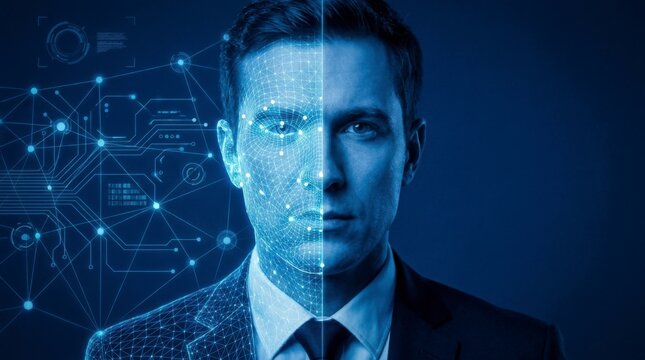 Man's face with digital network overlay for biometric identification and facial recognition technology concept