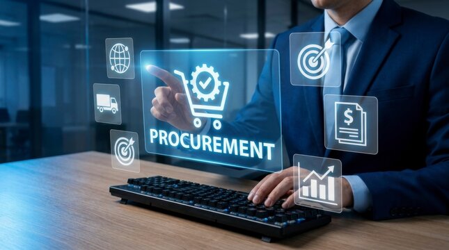 Businessman interacting with a virtual screen displaying a procurement concept with shopping cart and related icons for business management