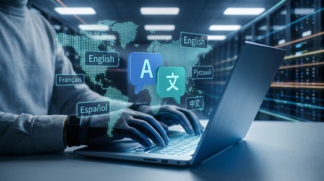 Person typing on a laptop with holographic language translation icons and a world map overlay, representing global communication and artificial intelligence