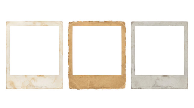 Three vintage empty photo frames with distressed paper texture instant photo aged paper photography border old photo decorative border worn paper grunge texture as PNG cutout