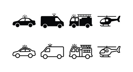 Emergency vehicle icons including police car ambulance fire truck and helicopter © Soleman