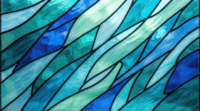 Abstract blue stained glass window pattern with flowing shapes and dark bold lines