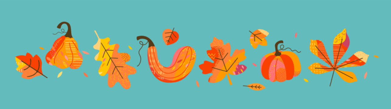 Cute set of colorful pumpkins,maple,oak leaves.Isolated hand drawn pumpkins and leaves in fall colors.Flat design for harvest,Thanksgiving or Halloween cards,autumn patterns, seasonal festive.Vector